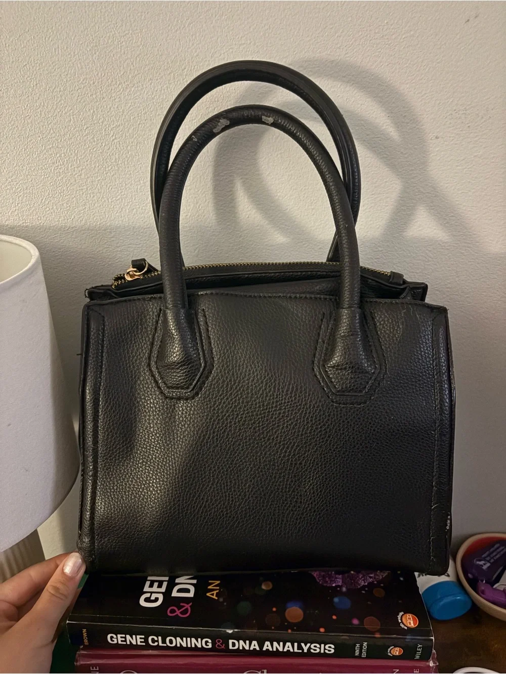 Aldo Black Pebbled Top-Handle Satchel with Gold Logo